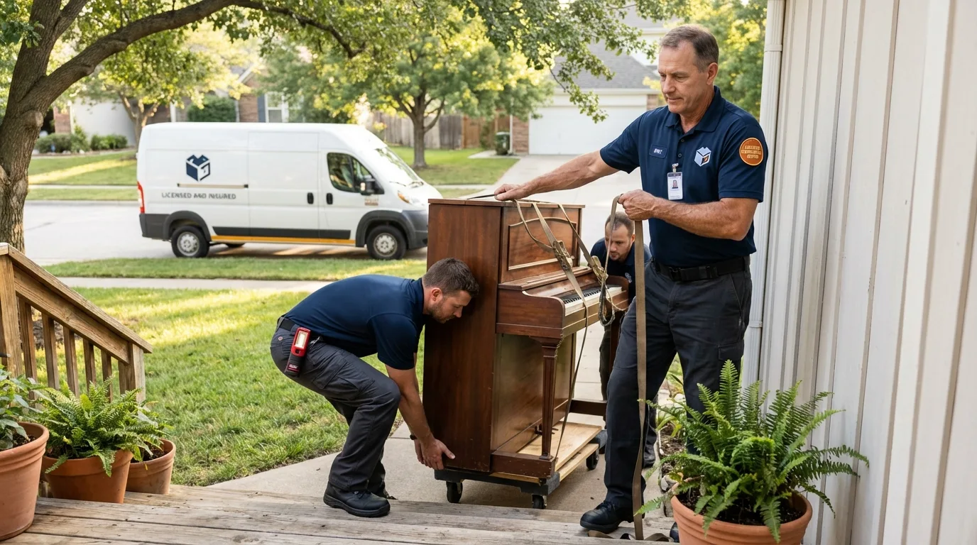 Licensed piano movers securing grand piano in Edison, GA