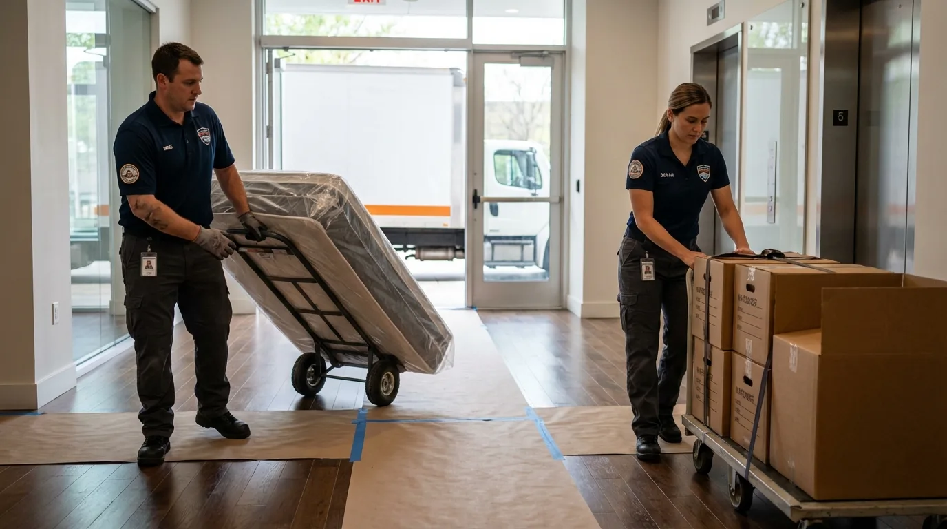 Professional apartment movers loading elevator in Edison, GA